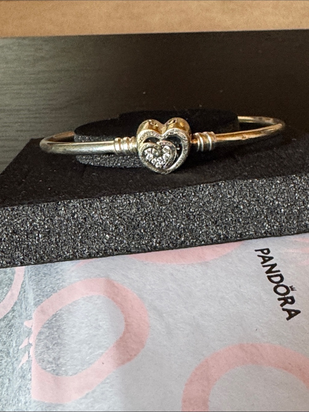 Pandora Silver Heart Bangle with Sparkling Center